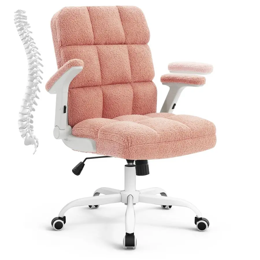 Pink Office Chair Ergonomic Computer Desk Chair with Wheels,Faux Fur Comfy Office Chair for Women and Girls,Teddy Fleece Materia
