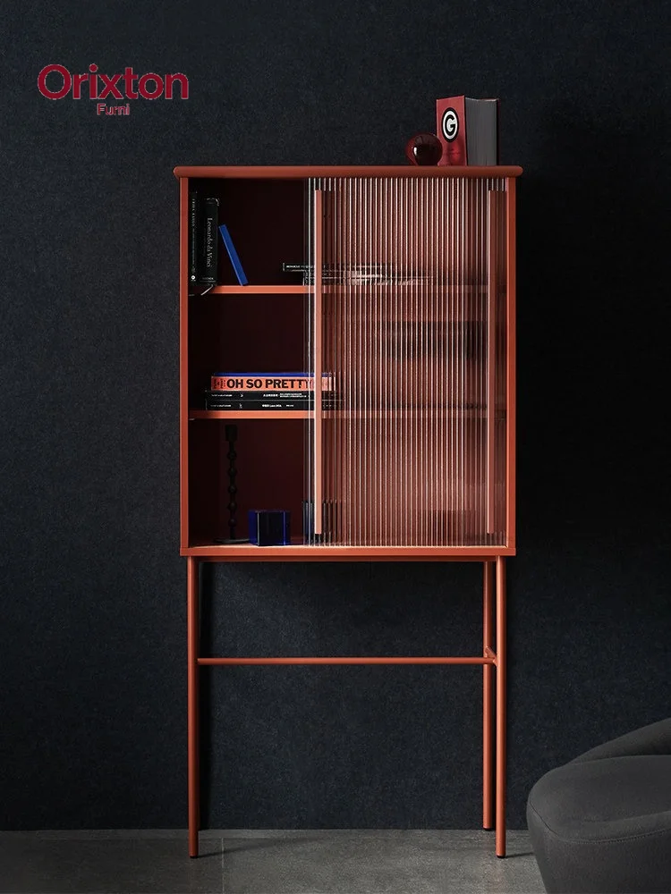 Art museum display cabinet, solid wood ribbed glass, Nordic modern minimalist display wine cabinet in cream color