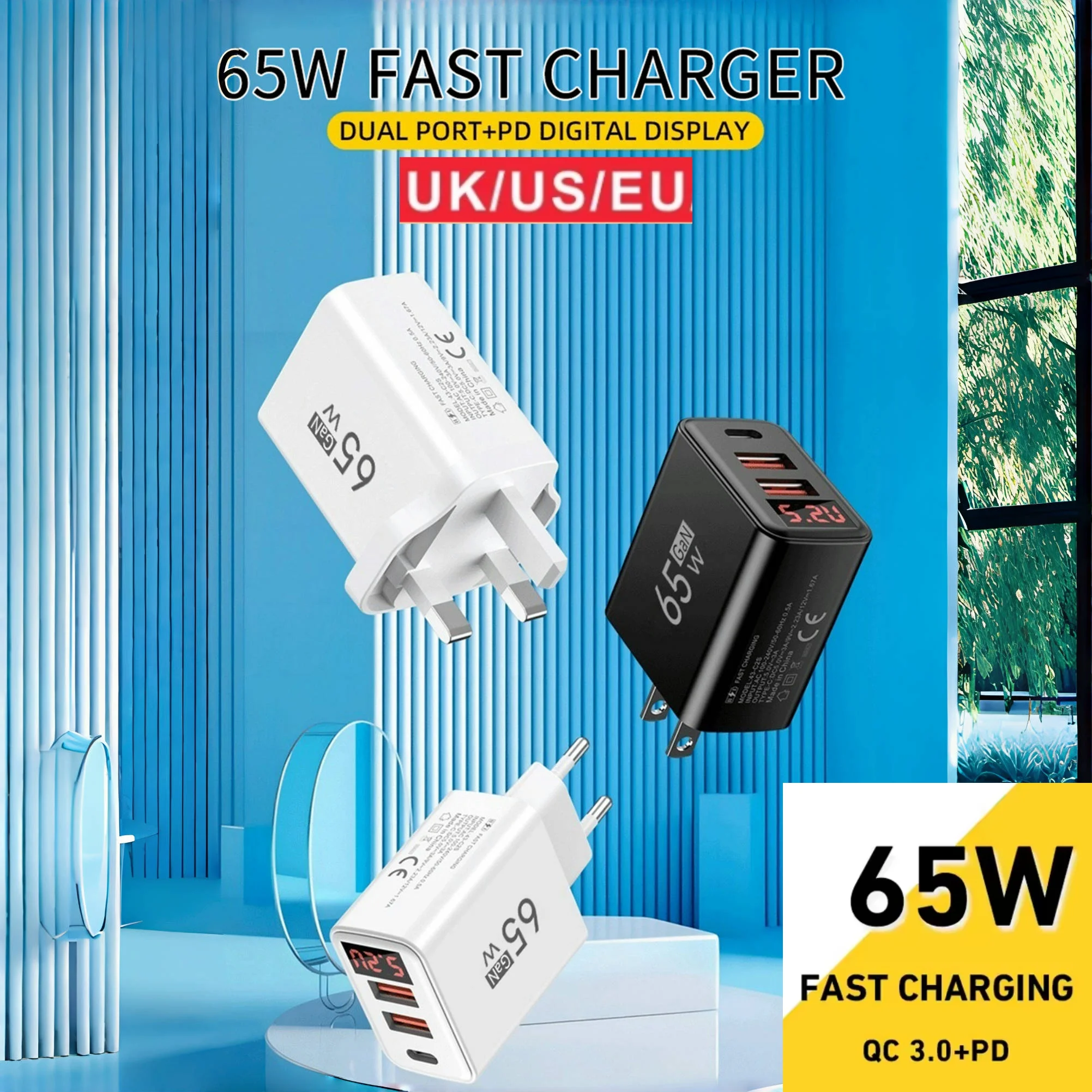 65W GaN USB Charger  Dual Ports Type C Fast Charging Travel Charger Digital Display Quick Charge 3.0 EU/US/UK  Plug Wall Adapter
