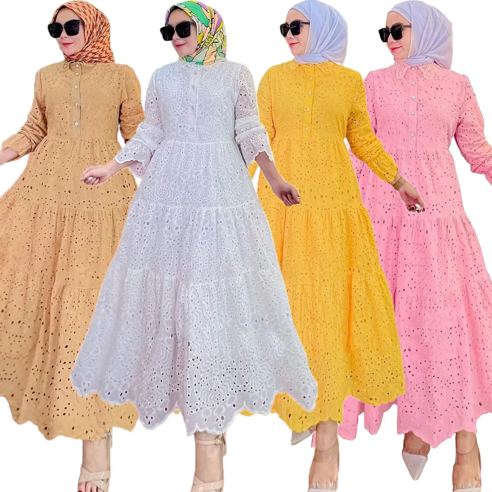 

Arab Turkey Muslim Women Embroidery Dress Middle East Hollow Lace Shirt Dress Femme Musulman Abaya Dubai Kaftan Eid Robe Caftan