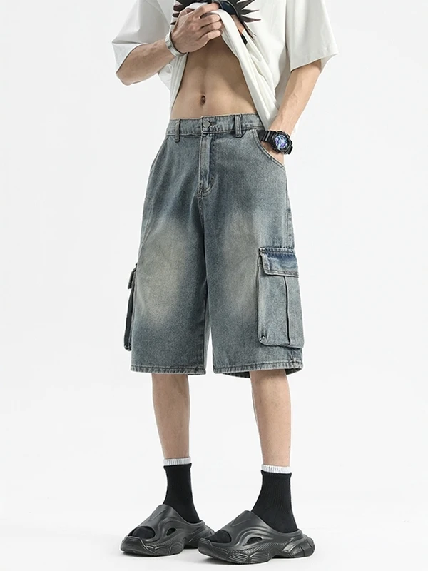 

Summer Men's Casual Loose Fit Denim orts with Big kets American Retro Wide Leg Five-Quarter Pants Straight Tube Jeans