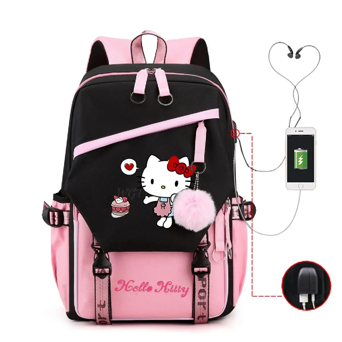

Cute Cartoon Hello Kitty Backpack Women Girl USB Charging Bag Large Capacity Laptop Schoolbags Children Teeneger School Backpack