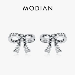 MODIAN 925 Sterling Silver Vintage Bowknot Dazzling Clear CZ Stud Earrings For Women Retro Fine Jewelry Accessories