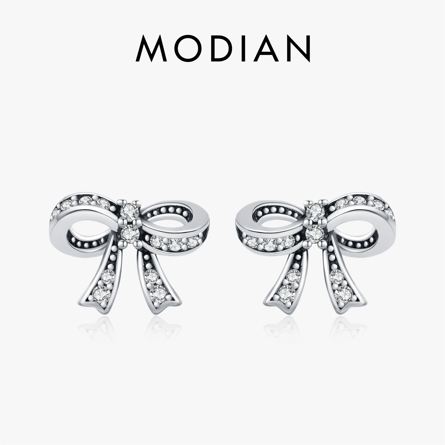 MODIAN 925 Sterling Silver Vintage Bowknot Dazzling Clear CZ Stud Earrings For Women Retro Fine Jewelry Accessories