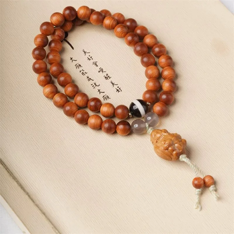 Aged Thuja Sutchuenensis Double Loop Bracelet DIY Fortune Pixiu Style 8mm Thuja Buddhist Beads for Men and Women Gifts