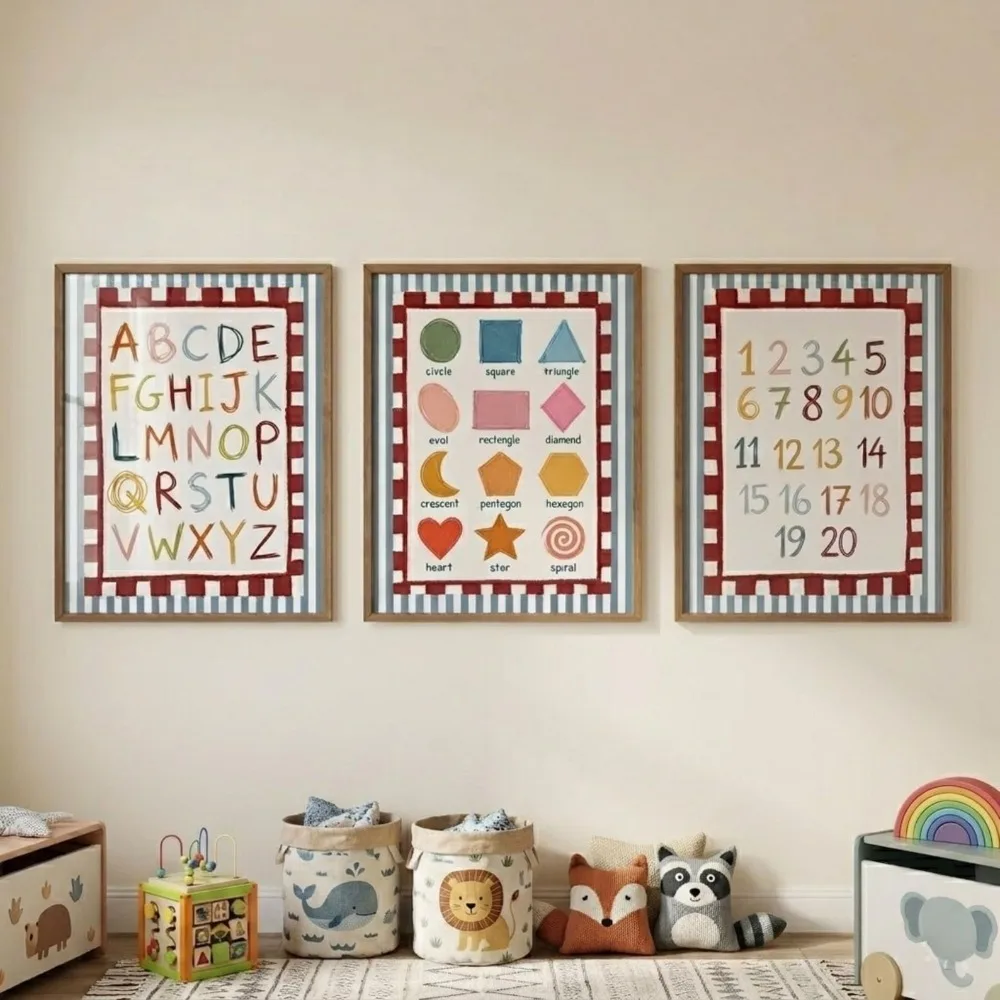 3pcs Frameless,Educational Nursery Letter Printing,Numbers,Shape Charts,ABC Posters,Colorful Children's Room,Game Room Printing