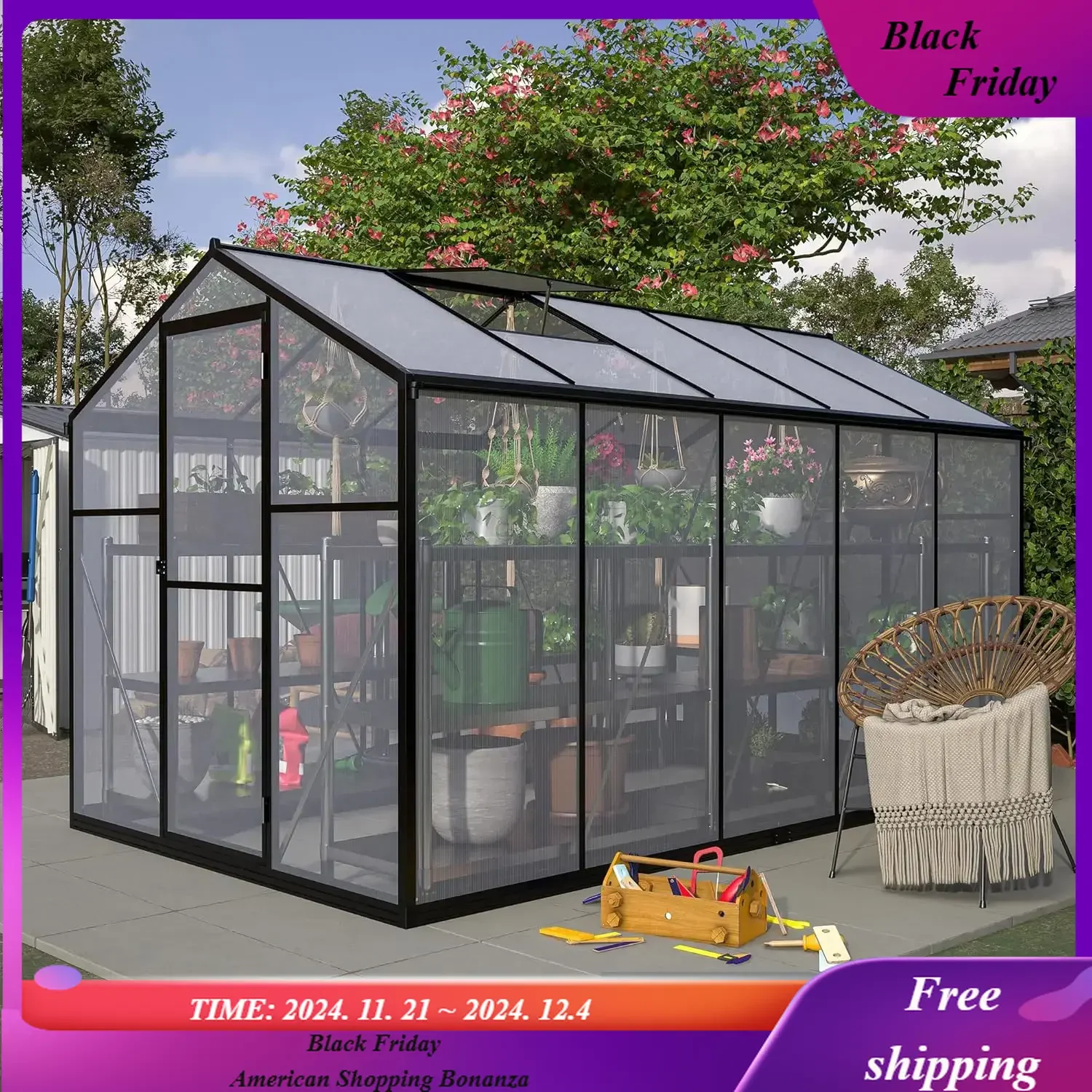 

6x10 FT Greenhouse for Outdoors, Large Walk-in Polycarbonate Greenhouse Kit - Aluminum Frame with Lockable Door