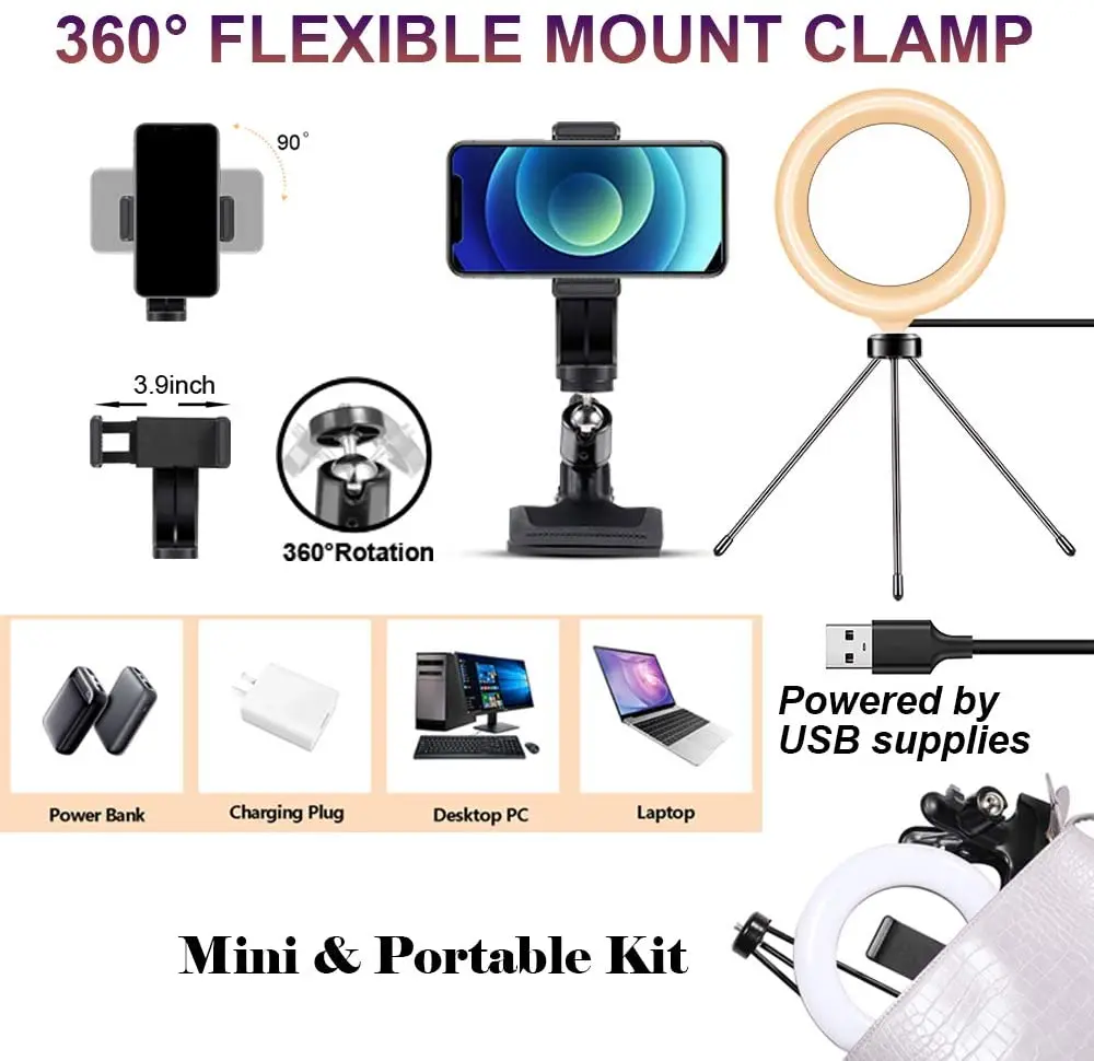 Mastten Vòng Ánh Sáng Cho Điện Thoại Laptop, 6 "Vòng Kẹp Núi, hội Nghị Video Chiếu Sáng Với Bluetooth Từ Xa/Điện Thoại/Chân Máy