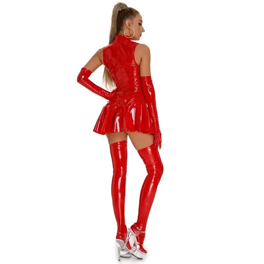 Female Red Glossy Leather Sheath Umbrella Dress Erotic Shiny Latex Bodycon Zipper Wetlook PU Pleated Dress Pluse Size Sexi