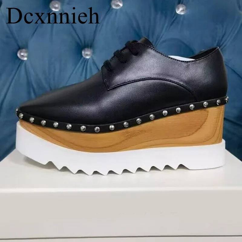 

Spring Autumn Rivet Decor Wedges Heel Flat Shoes For Women Genuine Leather Lace-up Rome Style Platform Shoes Vacation Shoes