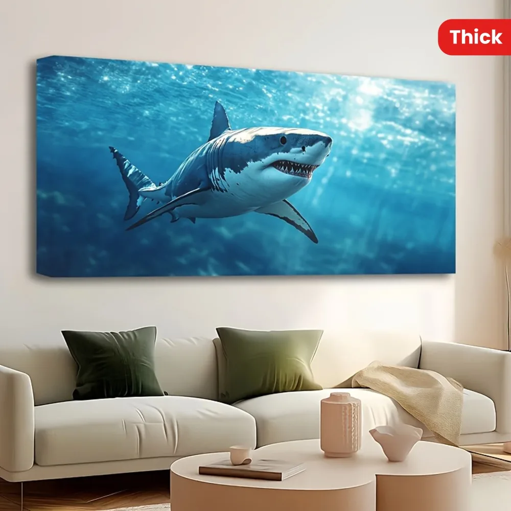 1.5 inch thick pine solid wood frame, blue wall art painting,Guadalupe Island Great white shark fishing picture, home decoration