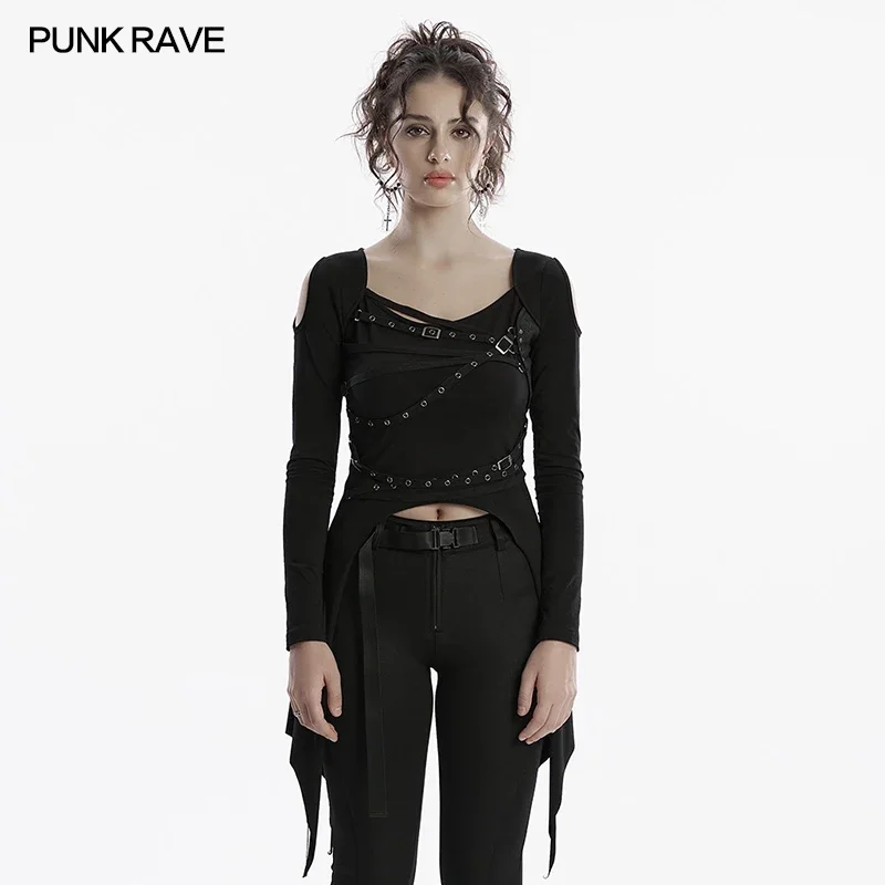 

PUNK RAVE Women's Punk Long Sleeve T-shirt Adjustable Chest and Waist Straps Decoration Irregular Fashion Slim Tops