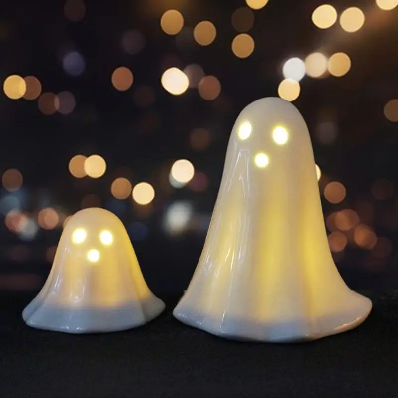 Ghost Night Light Ceramic Halloween Ghost LED Night Light Ghost Shape Night Lights Battery Operated Lamp For Halloween Parties