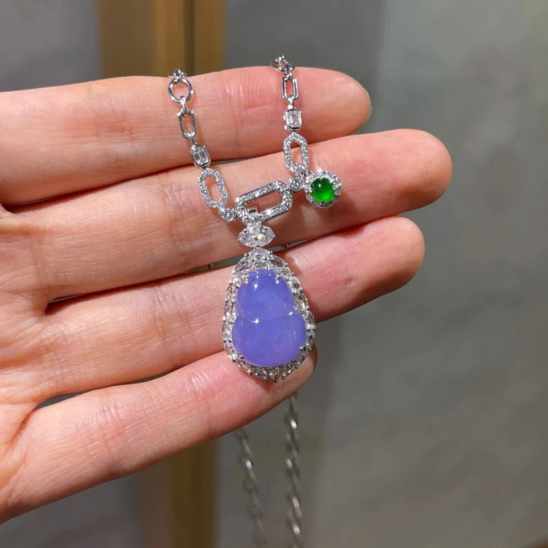 Natural ice violet gourd jadeite pendant, genuine Burmese A-grade, full purple, symbolizing fortune and prosperity, inlaid with