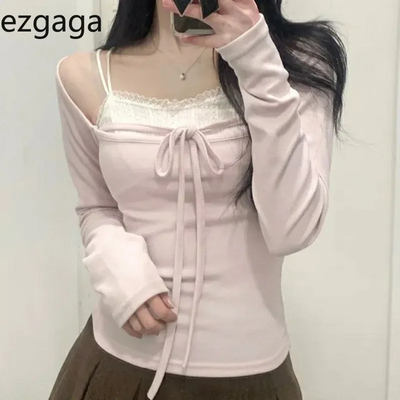 

Ezgaga Women T Shirts Lace Patchwork Bandage Fake Two Piece Patchwork Bow Bandage Long Sleeve Tops Sweet Y2k Ladies Tee