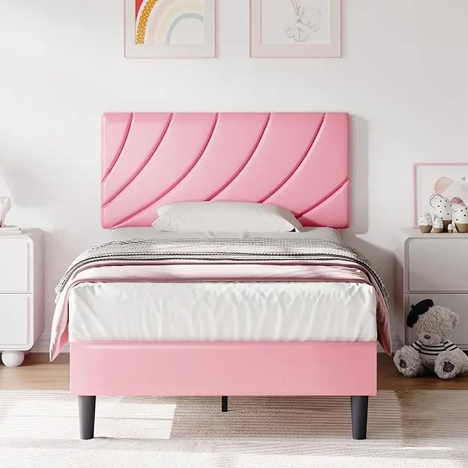 

Twin Bed Frame with Headboard, Upholstered Twin Platform Bed for Kids with Headboard Faux Leather Strong Wooden Slats, No