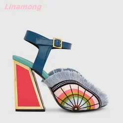 2024 Multi-color Stitching Women Sandals Genuine Leather Novelty Silk Spike Heels Open Toe Buckle Strap Comfortable Hottest