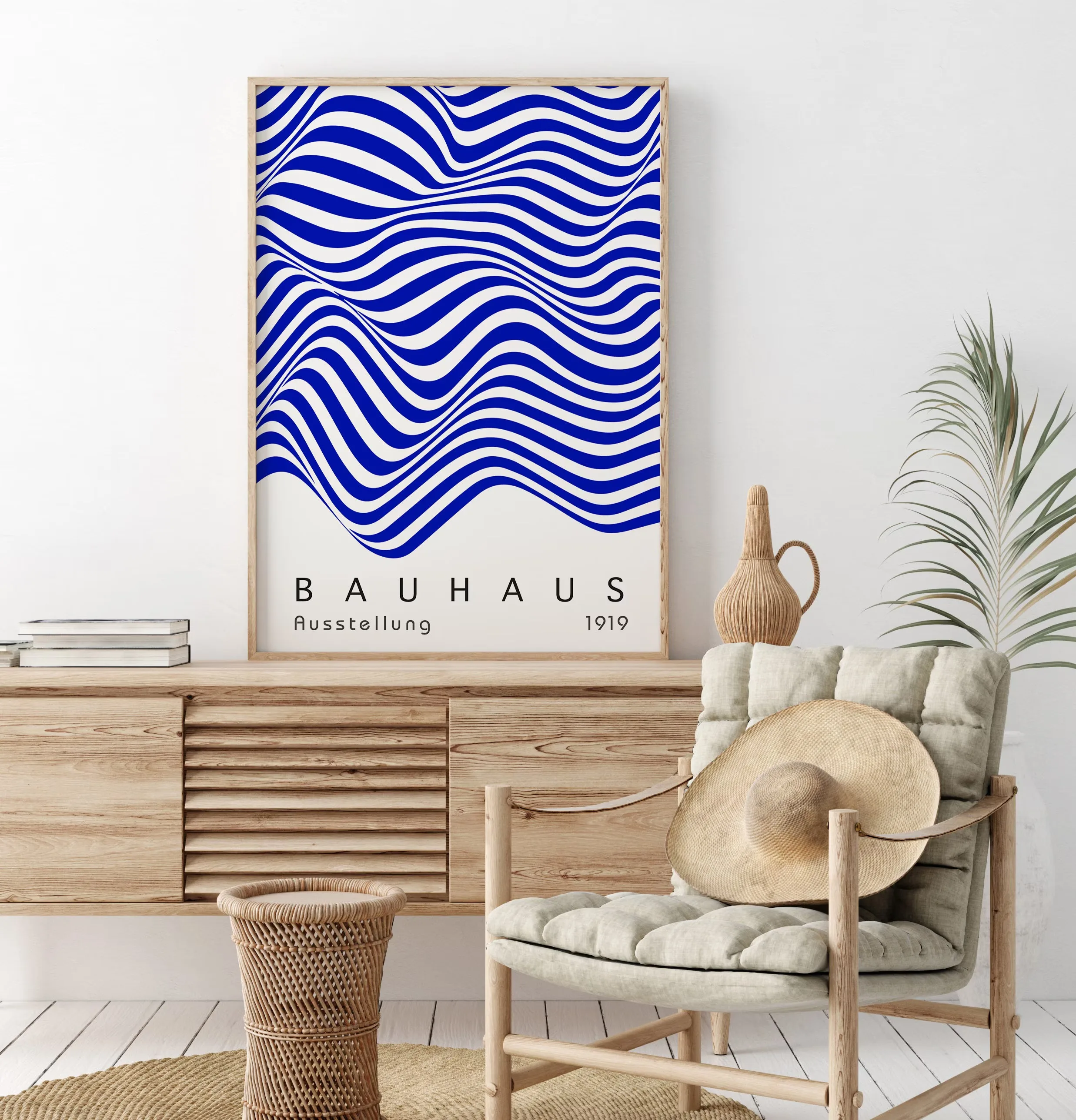 Vintage Blue & Beige Bauhaus Canvas Poster Mid Century Minimalist Wall Art Exhibition Poster for Modern Living Room Home Decor