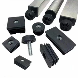 4Pcs Black Plastic Rectangle Pipe Plugs With M8 Nut Hole Square Pipe Cover Furniture Leg Feet Tube Blanking End Inserts Caps
