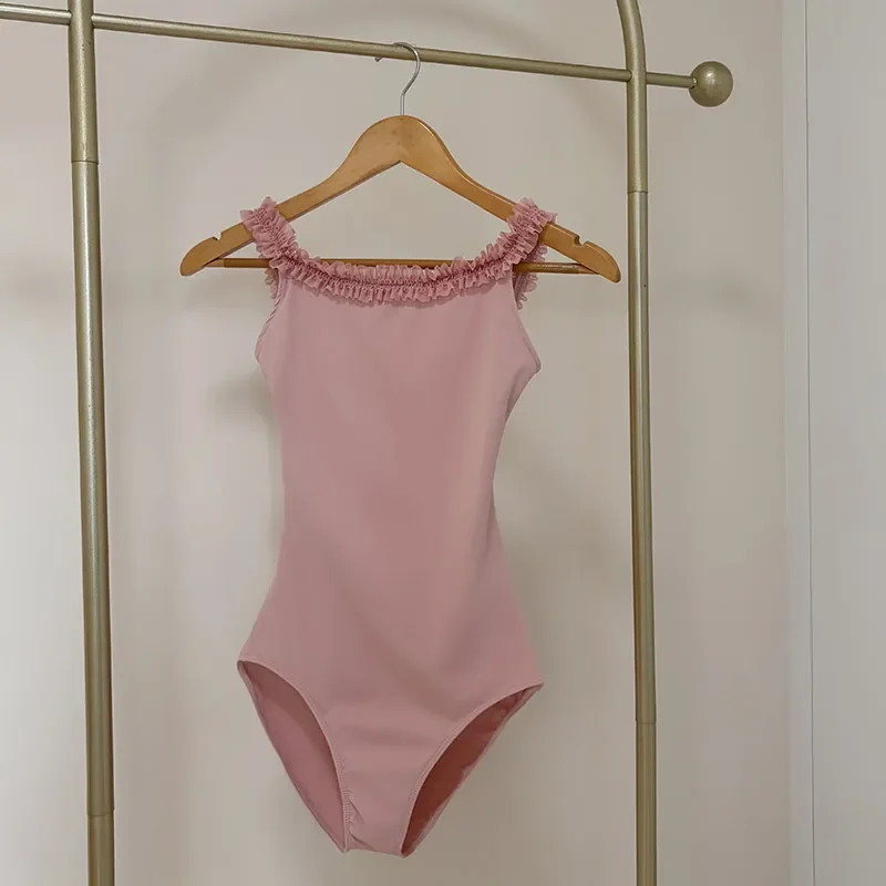 Maillot de Ballet con Volantes y Tirantes Cruzados para Mujer, Body de Danza sin Mangas, Suave y Elástico para Yoga, Gimnasia y Entrenamiento