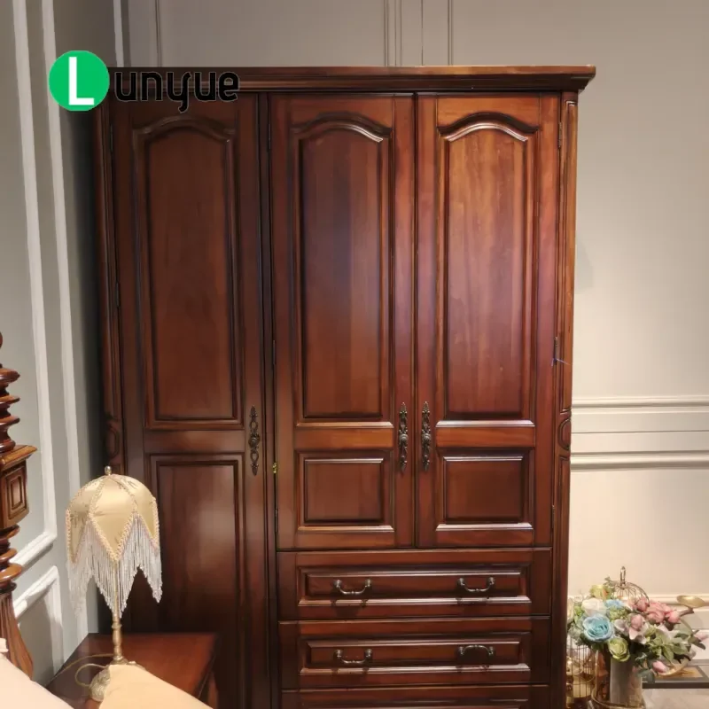American Retro Solid Wood Wardrobe Arched Panel Door Brass Handle Durable Eco Friendly Design for Bedroom Villa Living Room