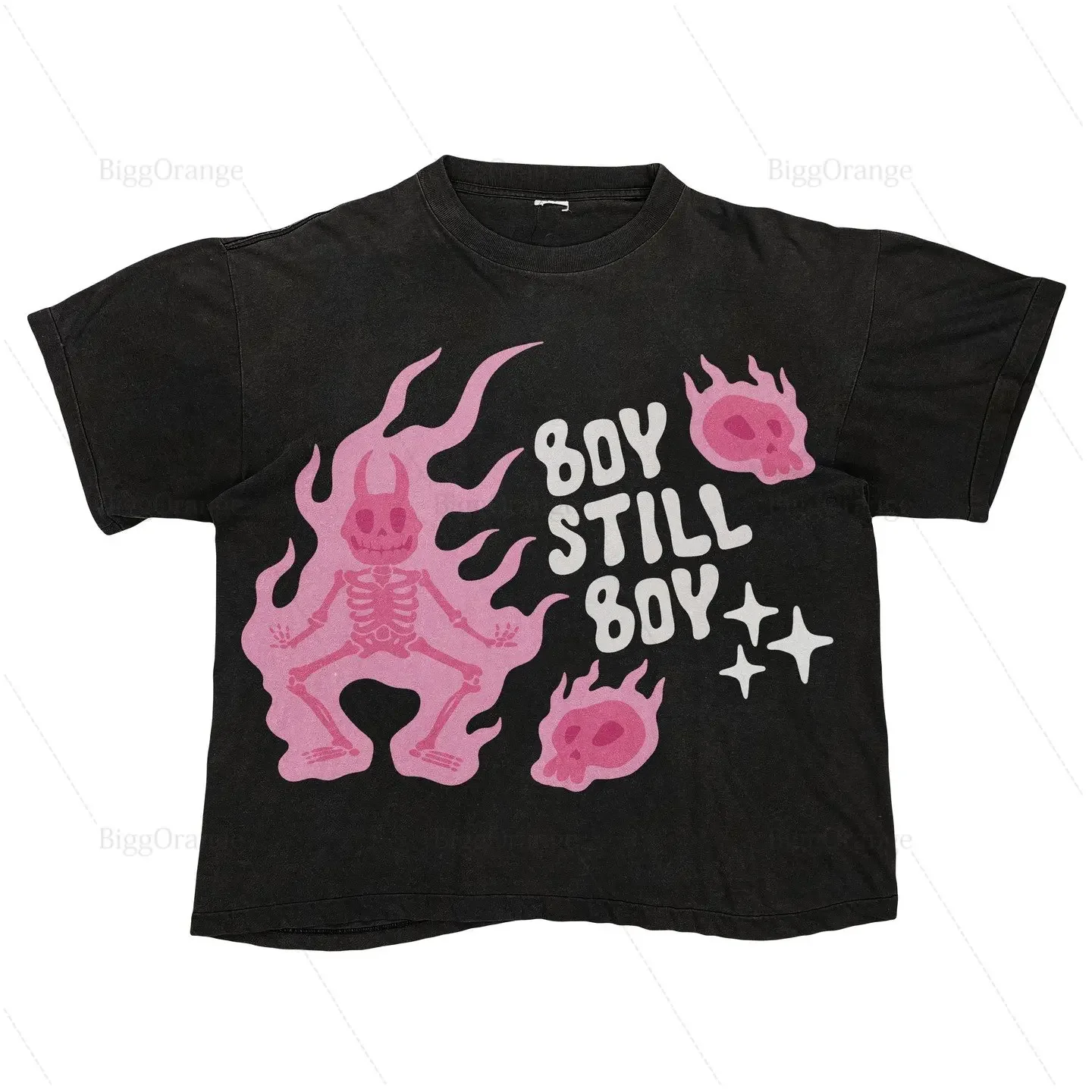 

Y2k Top high street demon T shirt Summer Harajuku Pink Cotton Loose Style Printed American Couples Round Neck Couple Gothic tops