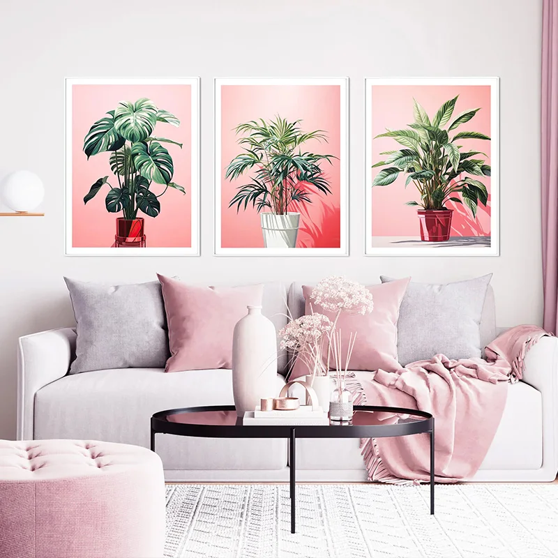 Miami Inspired Plant Poster Monstera Fern Coral and Green Plants Portrait Canvas Painting Pink Wall Art Living Room Home Decor