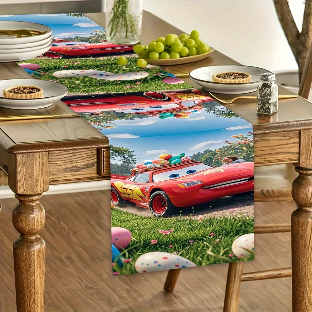 1 Piece of Car-Themed Table Runner, Printed with Lightning Mcqueen and Easter Eggs, Suitable for Children's Birthday Parties, Anime-Themed Family Gatherings, Etc