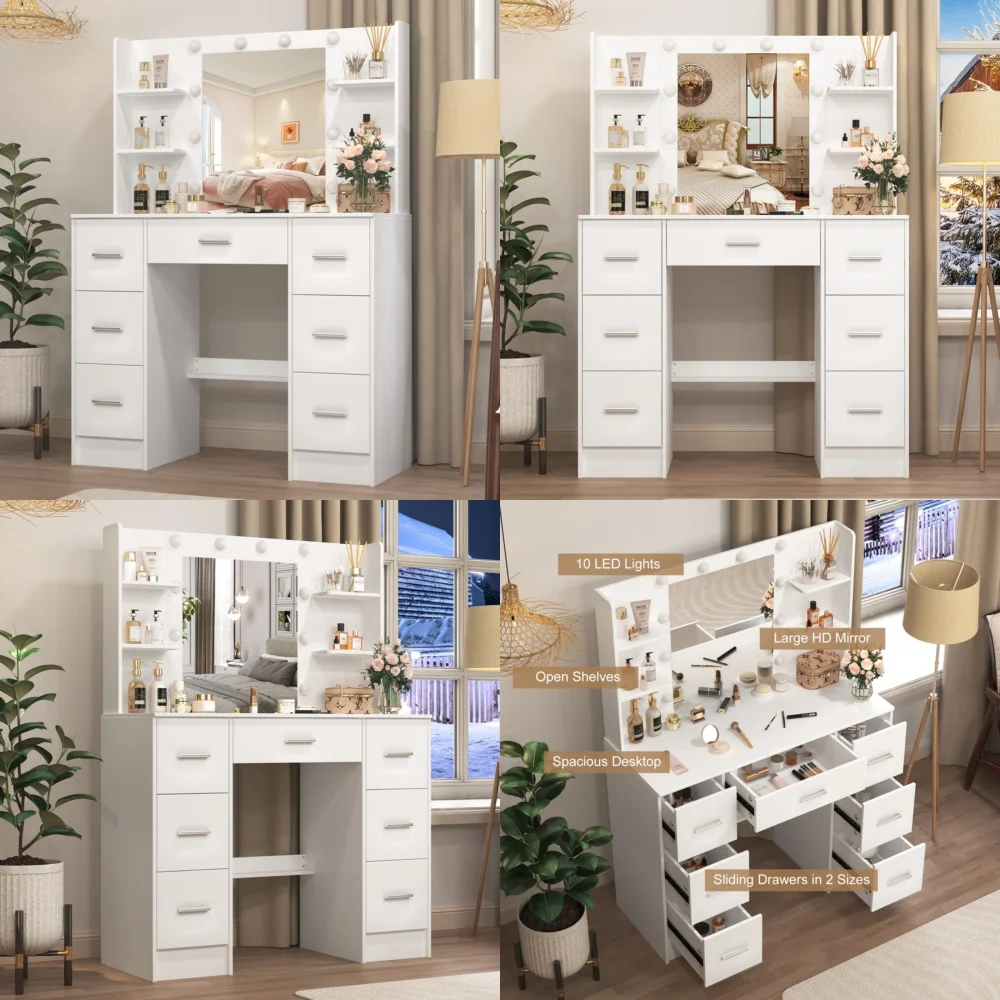 Туалетный столик для макияжаБелый туалетный столик для макияжа с зеркалом со светодиодной подсветкой и 7 просторными ящиками идеально подходит для рождественского подарка