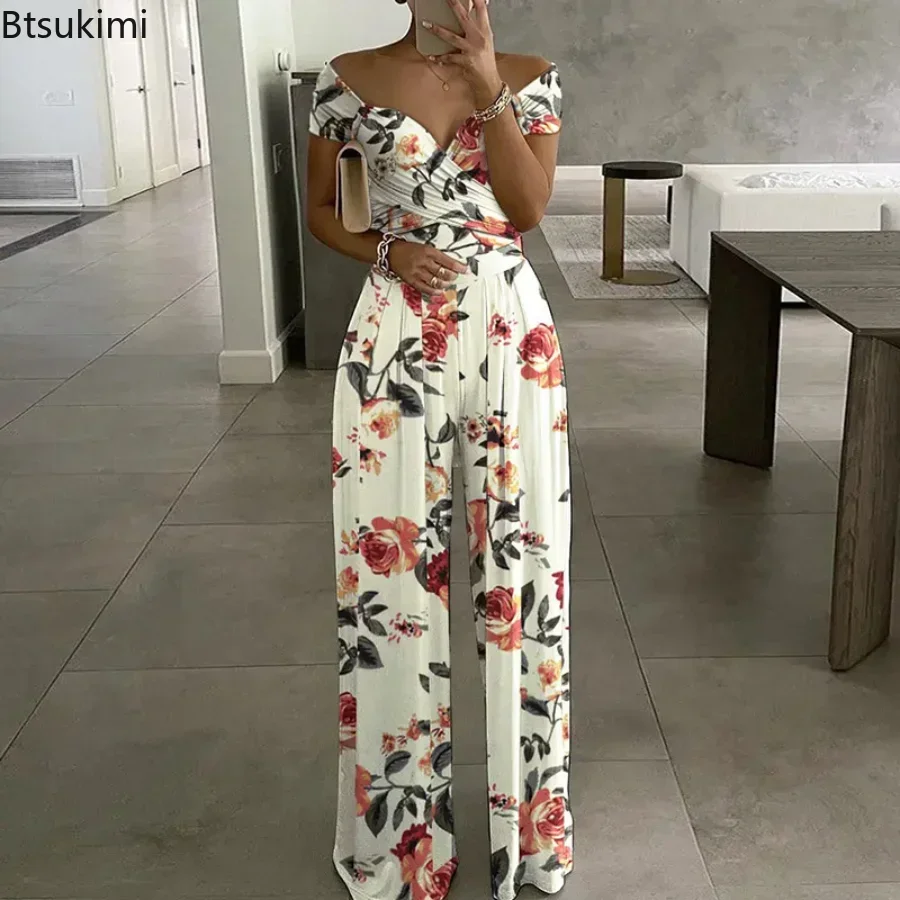 New 2025 Women's Summer High Waist Short Sleeve Jumpsuits Overalls Female Oversize Plants Print V-neck Wide Leg Rompers Outfits