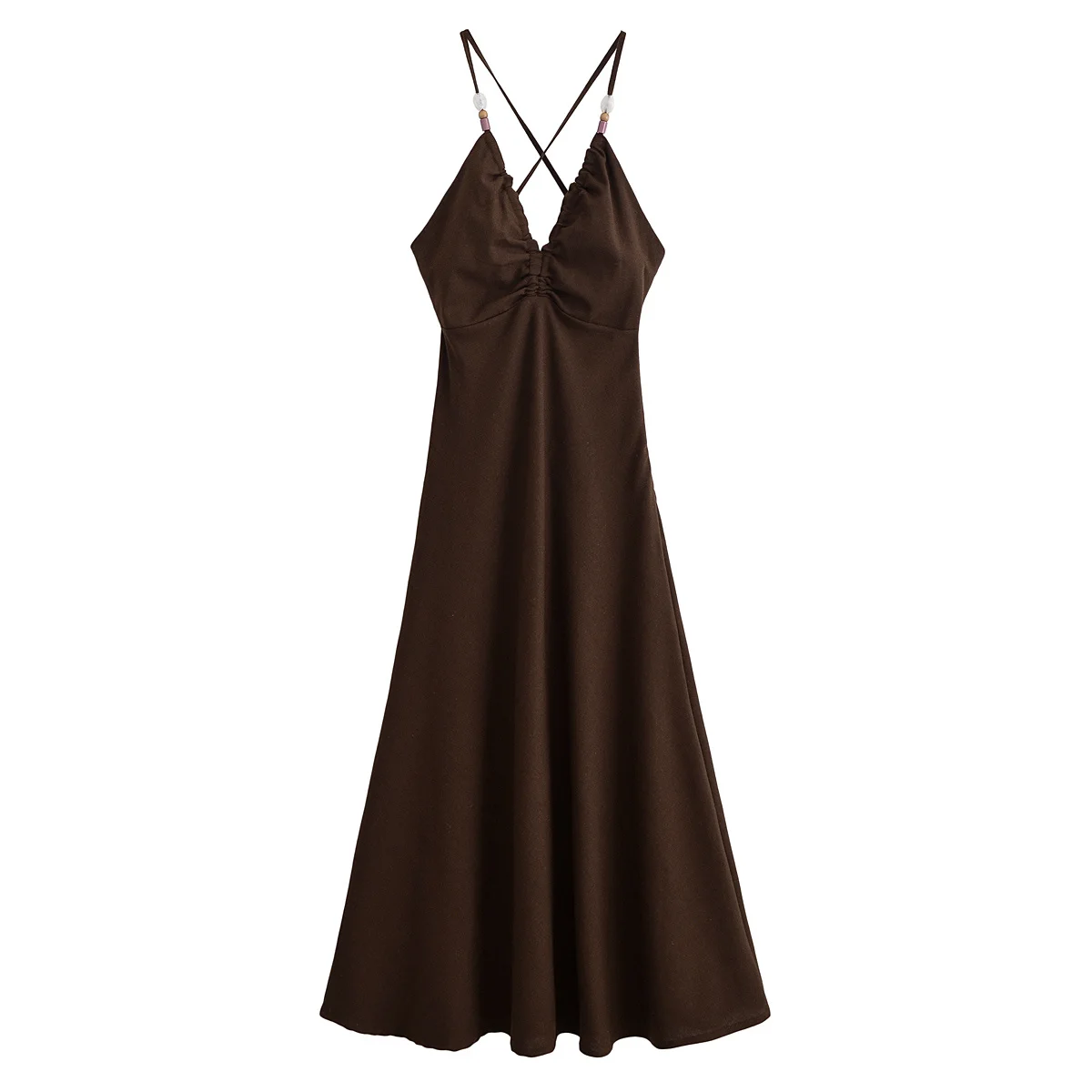 

BM&MD&ZA Women's Elegant Sexy Low - cut Sleeveless Beaded Spaghetti - strap Mid - length Linen Dress with Open Back and Tie