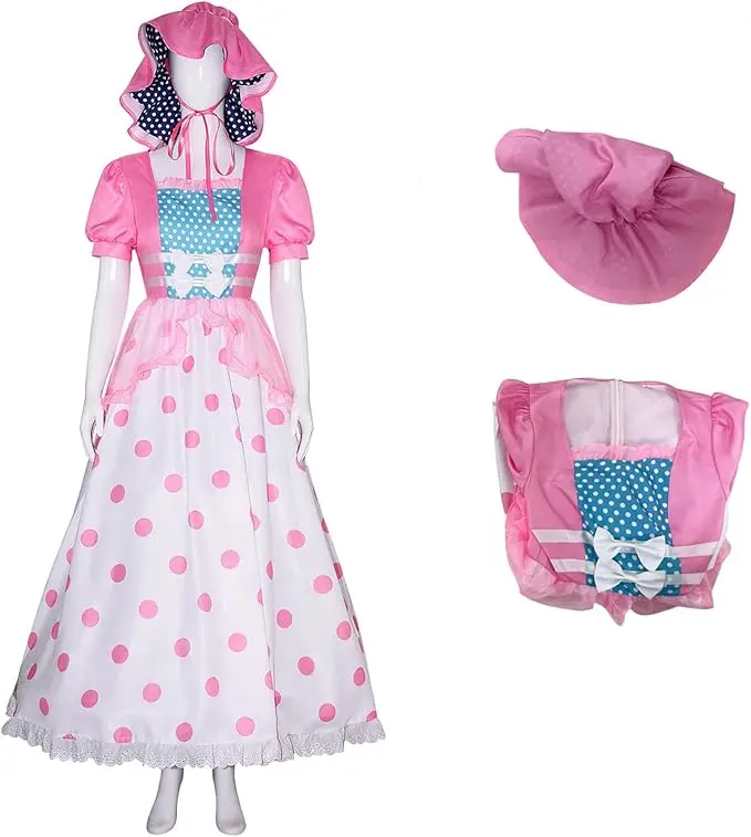 Volwassen Bo Peep-kostuums Herderin Cosplay Damesjurk met hoed voor Halloween Cosplay-kostuums
