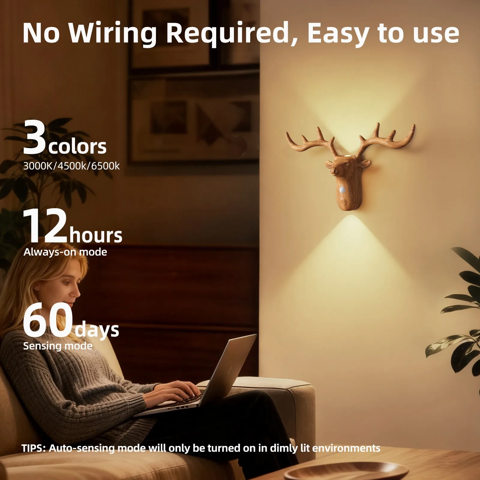 LED Human-Sensing Bedside Wall Lamp with Charging Function, Magnetic Attachment, No Wiring Required, Bedroom Deer Horn Wall Lamp