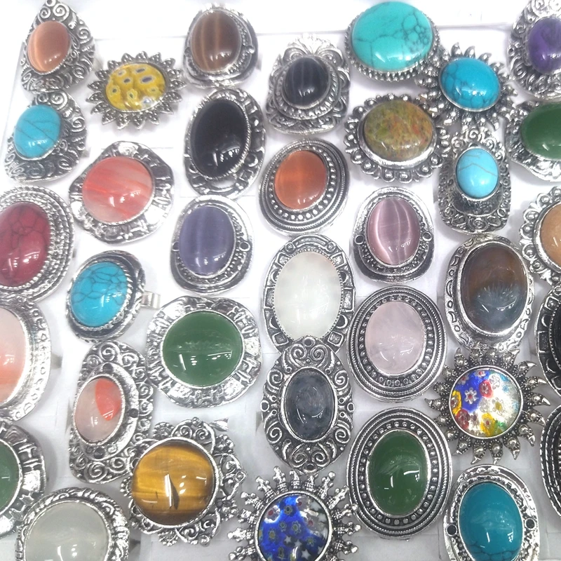 Antique Style Natural Stone Rings Mixed Color Adjustable 50pcs/Lot