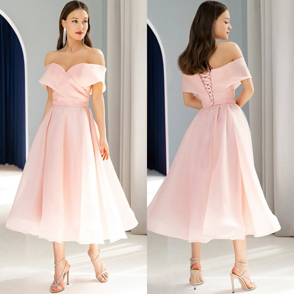 

Customized Elegant Boat Neck Satin Evening Dress Delicate A-Line Prom Dresses Temperament Short Sleeves Special Occasion Gowns