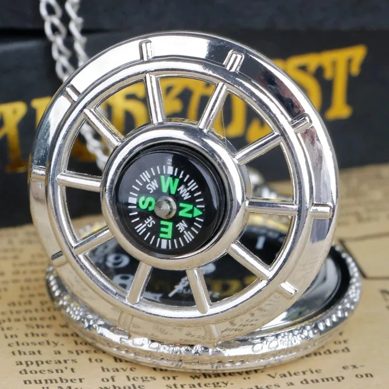 Exquisite Compass Design Vintage Hollow Skeleton Pocket Watch Black Starry Round Dial Antique Pendant Clock Gifts for Women Men
