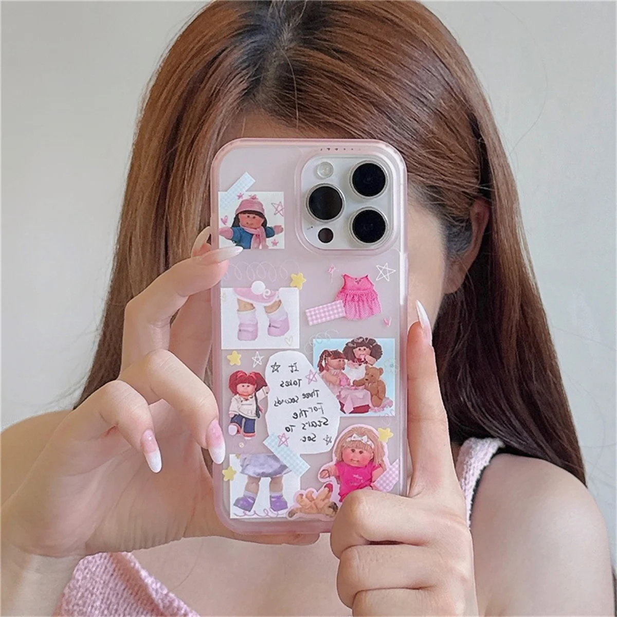 

Cute Doll Pattern Matte Pink Phone Case For Apple iPhone 16 Pro 14 13 15 Pro Max Back Cover Shockproof Cases Capa