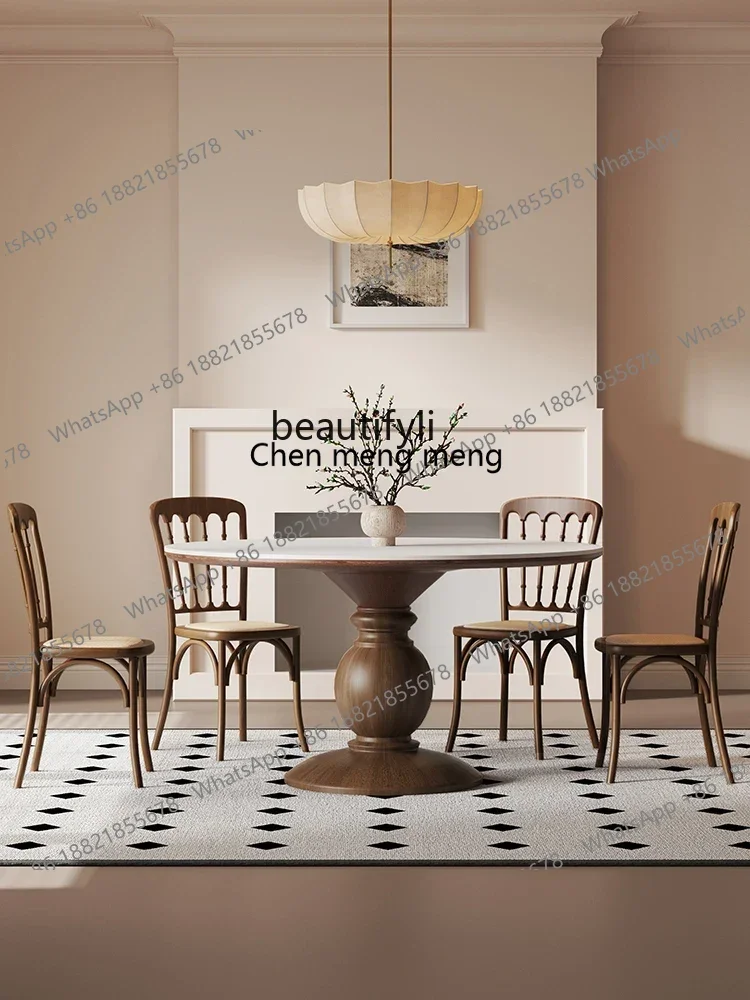 Antique Style Solid Wood Stone Plate round Table Nordic Dining Table Dining Tables and Chairs Set round Band Turntable Home