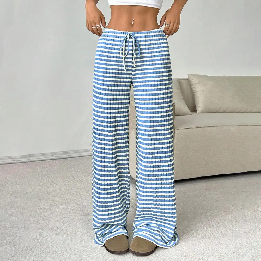 Women Cozy Wide Leg Lounge Pants Elastic Waist Drawstring Striped Loose Fit Soft Home Trousers Casual Relaxed Fit Daily Wear