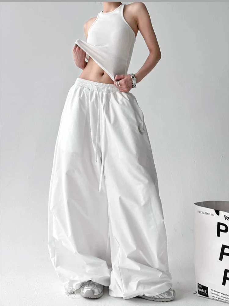 Amerykańskie spodnie cargo z szerokimi nogawkami, wysoki stan, sznurek, nadruk księżyca, estetyka Y2K, streetwear, letnie, luźne spodnie o swobodnym kroju.