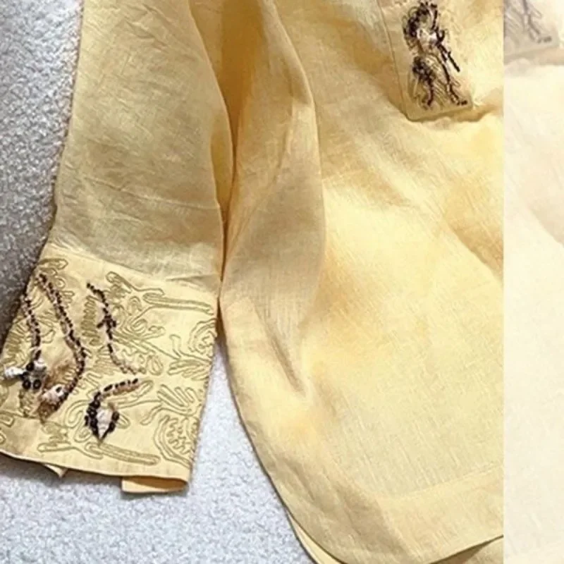 2023 neue Frühjahr Luxus Stickerei Gelb Bluse Frauen Chinesischen Stil Stehkragen Langarm Weibliches Hemd Mode Frauen Tops