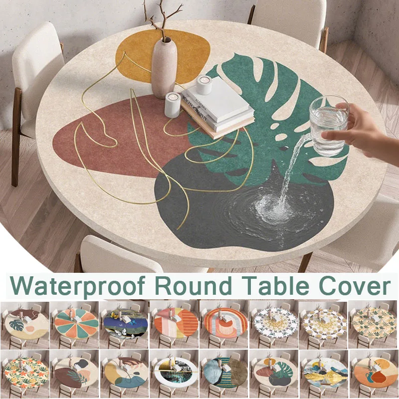 

Minimalist Style Round Tableclothes for Dining Table Fitted Table Protector Cover Elastic Edge Desk Decoration Waterproof 원형 식탁보