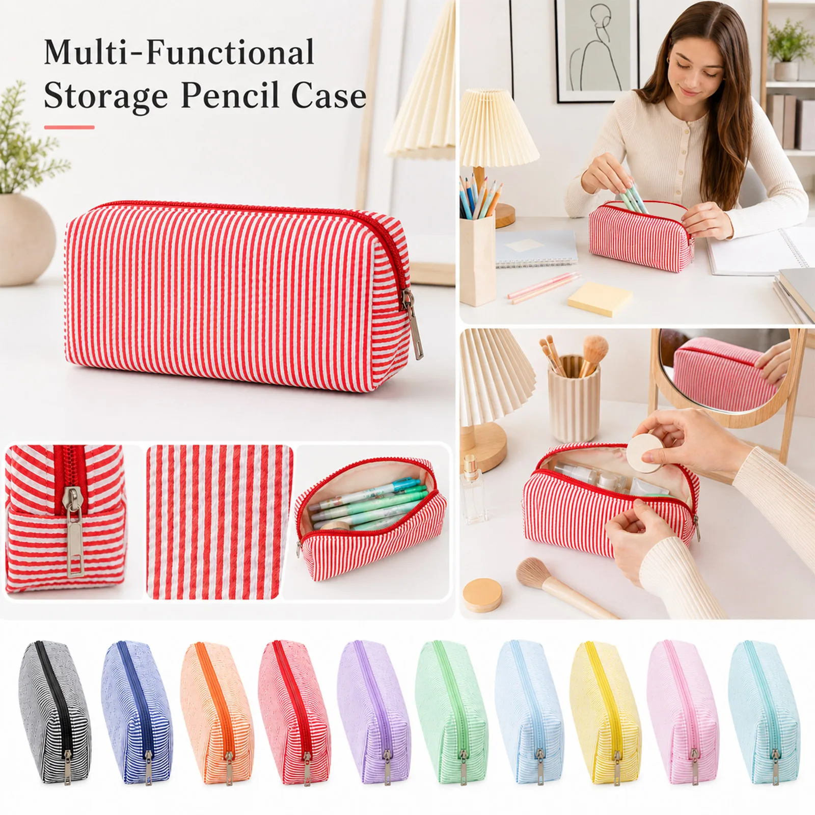 Cute Striped Canvas Pencil Case, Small Travel Pouch with Zipper, Large Capacity Portable Stationery Bag for School Office Girls