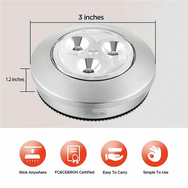 【EFFICIENT 】20 Pack LED Battery-Powered Wireless Night Tap Press Lamp Stick-On Push Safe Lights For Hallway Kitchen Bedroom Silv