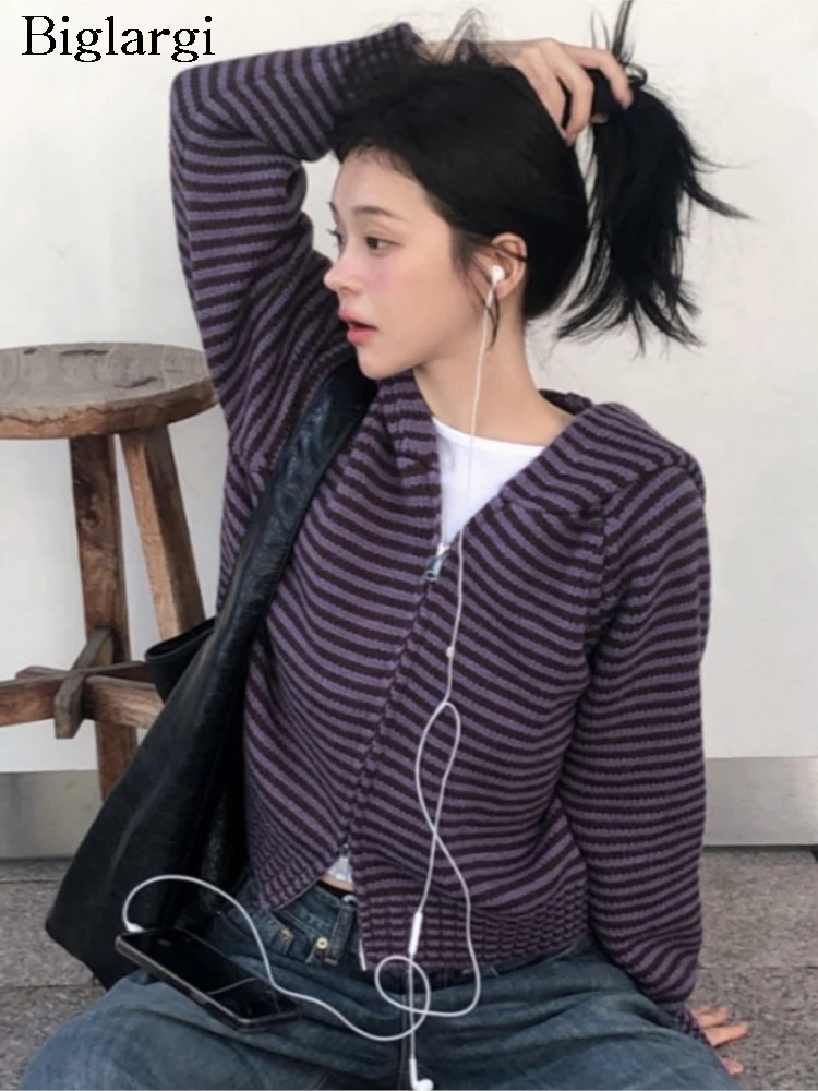 

Knitted Autumn Hooded Cardigan Women Striped Print Fashion Casual Loose Ladies Cardigans Korean Style Woman Sweater Coats