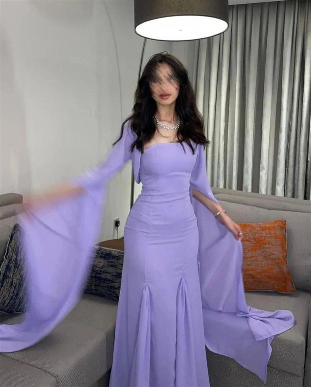 

Lilac Chiffon Long Sleeves Bespoke Occasion Gown Evening Dresses Pastrol Unisex Jersey Retro Dubai Saudi Arabic Prom Customized