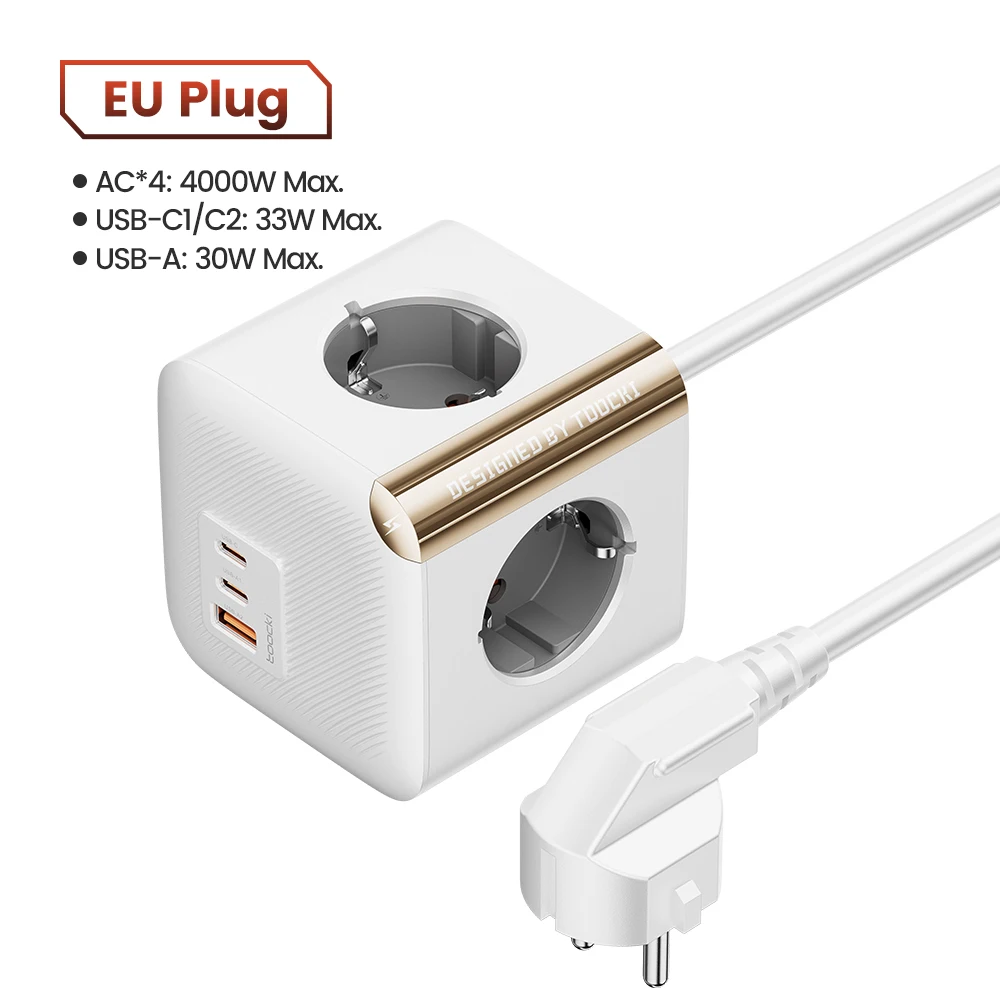 Toocki 33W GaN Power Strip Cube 4 AC-aansluitingen 2 USB-C 1 USB-A PPS QC3.0 Snellader 4000W Verlengsnoer Geaarde Stekkeradapter