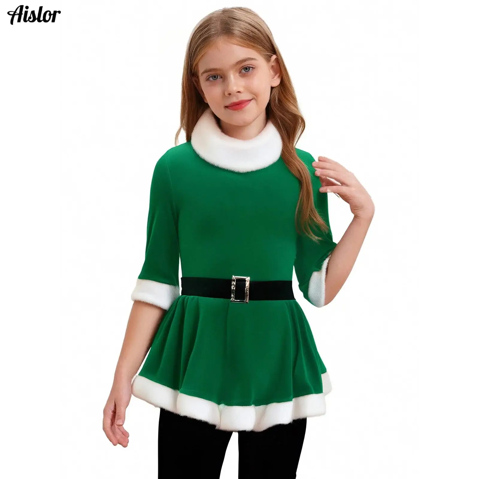 Girls Christmas Santa Claus Costume Velvet 3/4 Sleeves Keyhole Back Figure Ice Skating Roller Skating Ballet Dance Leotard Dress