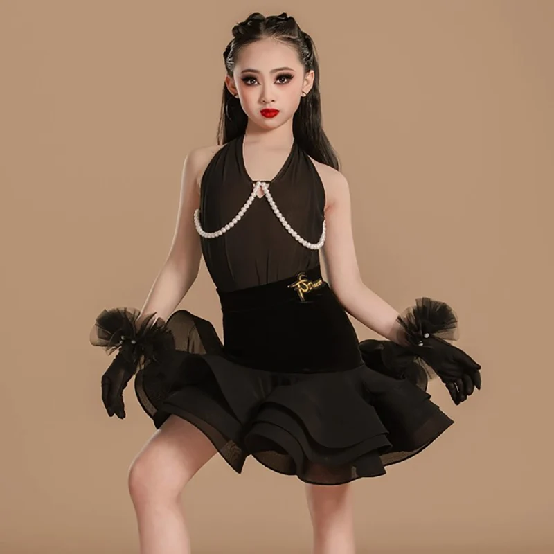 

Kids Girls Latin Dance Costume Pearl Halter Backless Bodysuit and Big Swing Skirts Children's Ballroom Dancewear Training Suit