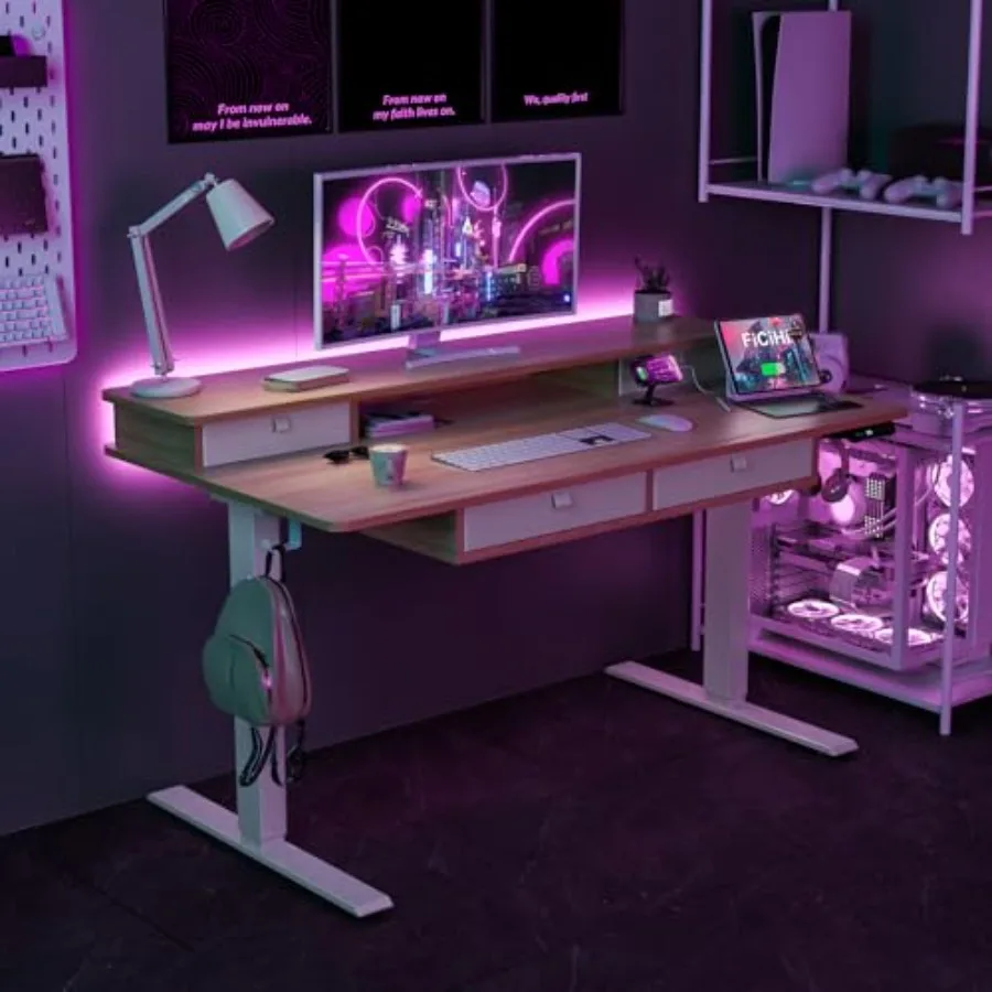Standing Desk with Drawers for Home Office, Steel Frame, Matte Black, Electric Height Adjustment 55x30 Inch
